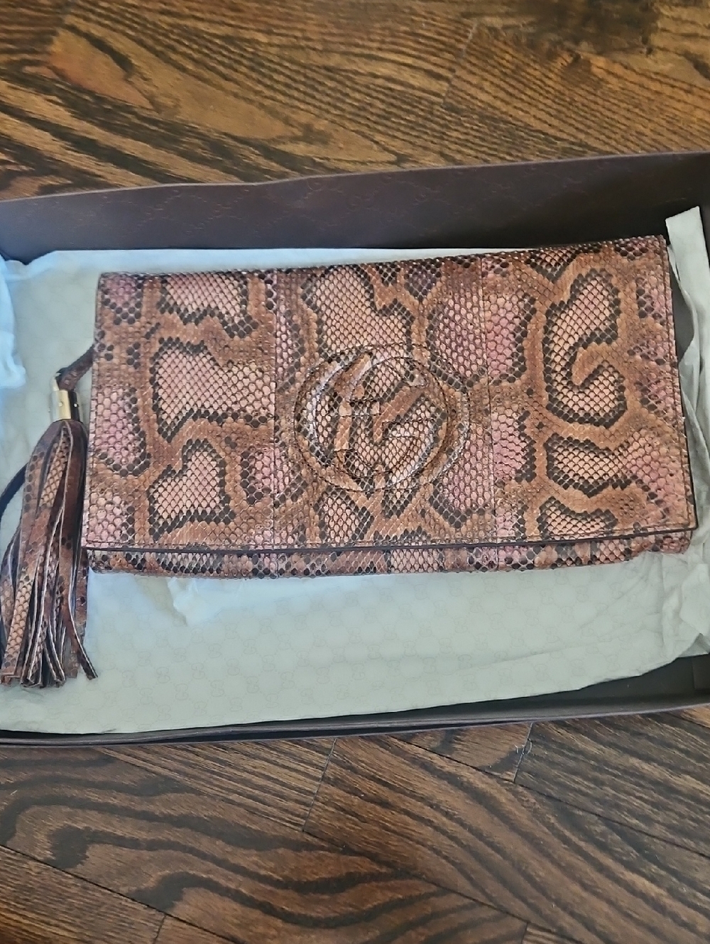 Gucci Soho Pink Brown Python Clutch with Tassel